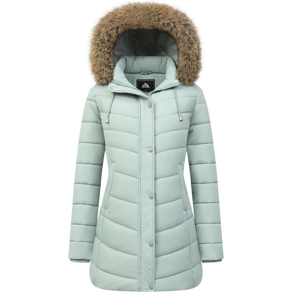 Women's Green Puffer Hooded Jacket Coat Winter Warm Fleece Lined Down Detachable